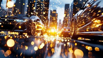 New York street scene with cars in motion blur, illuminated cityscape, dense urban atmosphere, spacious top area for text, digital art realism