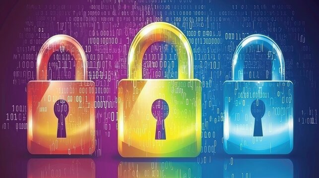 Three colorful glossy padlocks on a digital binary code background, symbolizing cybersecurity and data protection.
