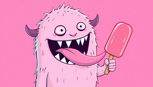 Pink monster enjoys pink popsicle. Cute monster with sharp teeth holds sweet treat. Funny character in pink background. Summer vibe illustration. Good for kids products or social media.