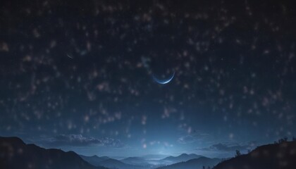 Naklejka premium A dark blue night sky with vibrant stars and a crescent moon hanging low above, space, universe