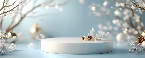 Festive round podium in Christmas and New Year theme. Winter background in blue and icy tones with subtle festive elements of snowflakes and bright lights. Horizontal format, copy space.