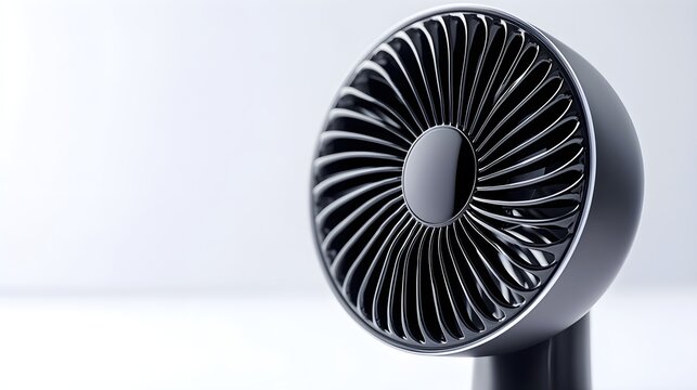 Close-up of a small desk fan with minimalist design, matte black blades on a white background, high contrast, perfect lighting for details--style raw