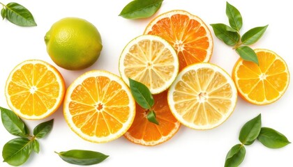 Citrus fruits like limes lemons oranges, grapefruits isolated on white background. Slices of colorful fruits, green leaves create vibrant visual. Fresh, healthy food. Perfect for food health related