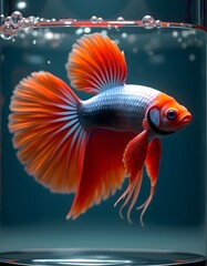 Fototapeta premium Vibrant Orange Betta Fish Graceful Fins Glass Tank Dark Background