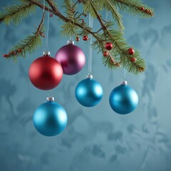 Colorful Christmas ornaments suspended from twigs in a sky blue background,  twigs,  winter