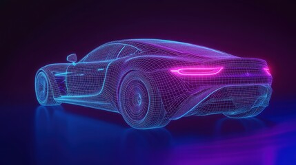 Naklejka premium Futuristic Wireframe Sports Car Design Neon Lights Digital Rendering 3D Model