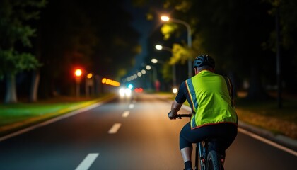 Fototapeta premium Cyclist rides along empty road at night. Reflective vest ensures visibility in low light. Urban setting with street lights. Biking safe activity even at night. Safety gear essential. Transportation,
