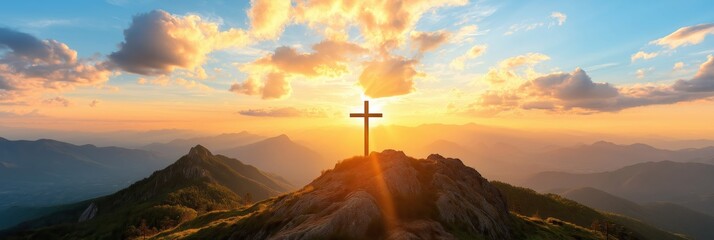 A beautiful and serene Easter sunrise illuminating a majestic cross atop a mountain, symbolizing deep hope and new beginnings, serves as a powerful reminder of faith and renewal in our lives