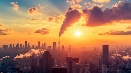 Fototapeta premium Pollution Sources in Urban Cityscape at Sunset
