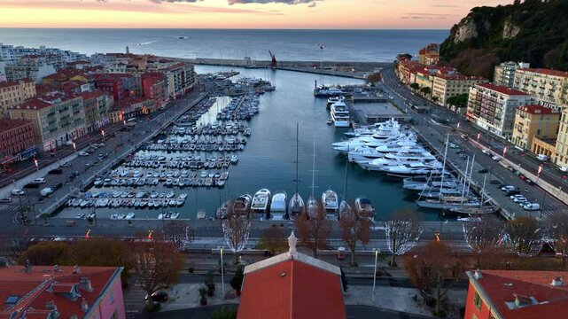 drone view of Nice, famous resort on Cote d Azur in France, luxury holiday destination on the French Riviera, Nice seaport aerial view