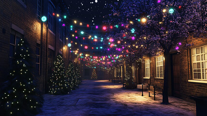 Obraz premium Night in the city Christmas scene with festive lights illuminating buildings, decorated trees, and sparkling street decorations.