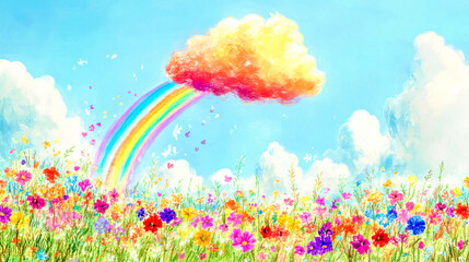 Fototapeta premium Colorful rainbow pouring from cloud onto flower field