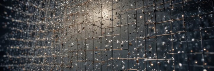 Naklejka premium Dense cluster of tiny particles suspended within a translucent grid-like structure , dense, microscopic