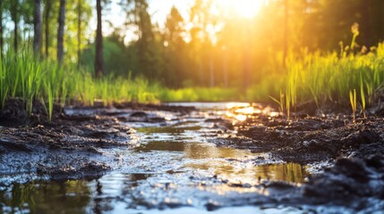 Serene Stream in Natural Light with Pollution Awareness