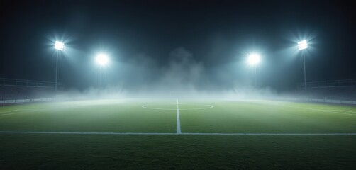 Empty sports field at night under bright stadium lights. Foggy atmosphere fills field. Night time game at soccer football arena. Green grass illuminated by stadium lights. Mystical, dramatic scene.