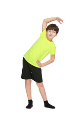 Boy doing exercise on white background. Sport activity