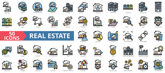 Real estate icon collection set. Containing property, personal, location, buildings, housing, residential, apartment icon. Simple flat outline vector illustration