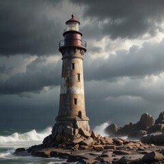 A distressed wooden lighthouse beam standing tall against a stormy weathered stone background,  silhouette,  decay