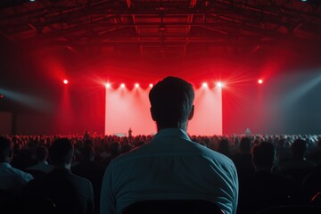 A man sits in a dark theater watching a performance. The audience is packed in and the lights are...