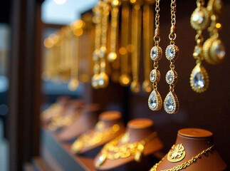 Fototapeta premium A jewelry store window showcasing gold necklaces and diamond earrings symbolizes the material allure of financial success. Jewelry new image
