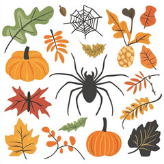 Colorful Autumn Elements Featuring Leaves, Pumpkins, Spider, and Web - Perfect for Seasonal Designs or Crafts