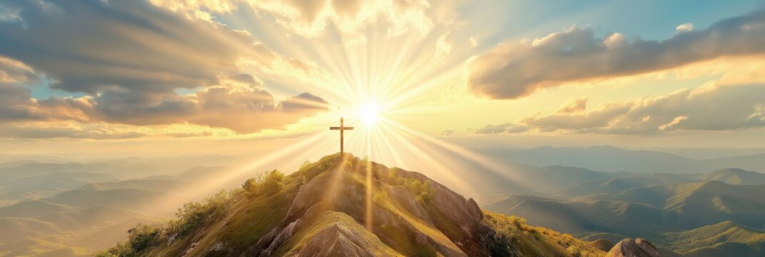 A Serene Easter Sunrise, Majestically Illuminating a Cross Residing on a Rocky Mountain Peak, Symbolizing the Beauty of Renewal and Hope, Fostering Faith and Togetherness Among the Community