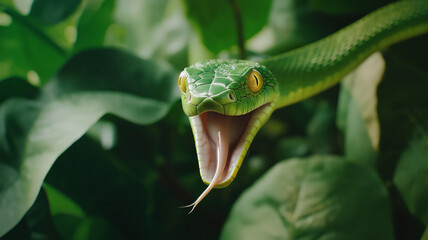 Green snake with mouth open and tongue extended, showcasing sharp fangs, surrounded by lush green leaves in a vivid jungle setting