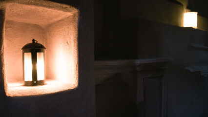 Naklejka premium Old Lantern Light In The Ancient Sanctuary 