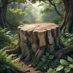 Fototapeta premium Grunge textured tree stump amidst overgrown foliage , nature, vector grunge texture