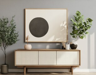 Minimalist living room interior with modern sideboard, plants, and abstract art.