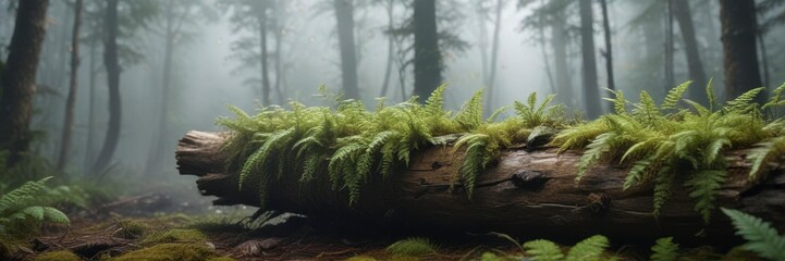 Moss and ferns on a wooden log in a misty forest,  natural,  rustic