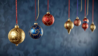 Ornaments hanging from a blue string background with gold and red accents,  ornament elements,  colorful accents