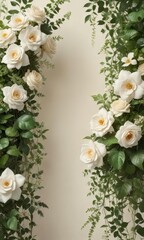 Delicate floral arrangement amidst lush greenery and vines on a elegant ivory background ,  lace,