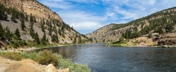 Panorama of the Missouri River downstream from the Hauser Dam near Helena, Montana, USA