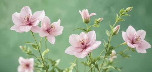 Delicate watercolor blooms on a soft green background ,  botanical,  vector