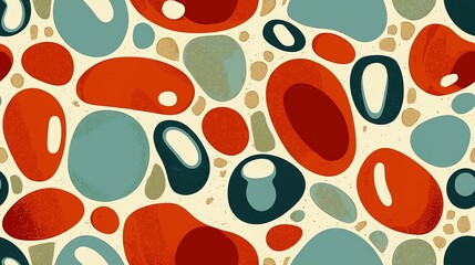 1950s kidney bean shapes, abstract molecular pattern, vintage color palette, mid-century wallpaper design, organic flow