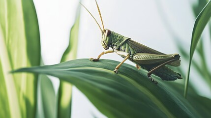 Green Grasshopper Perched on Lush Green Leaf