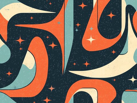 1950s googie style pattern, abstract boomerang shapes, vintage diner aesthetic, retro orange and blue, geometric flow