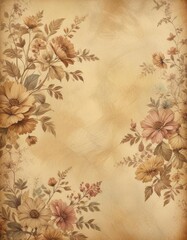 Distressed floral pattern on yellowed paper with a subtle retro sky background,  vintage,  sky