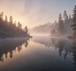 dreamy haze mist effect on a serene lake at dawn,  peaceful,  natural