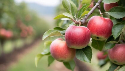 Juicy Red Apples Ripening on a Branch in a Lush Orchard