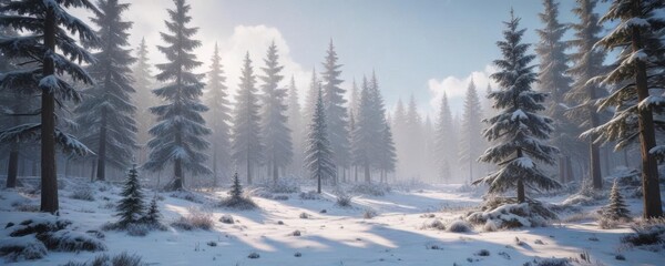 Frosty forest scene with snowflakes and Christmas trees,  forest,  frost