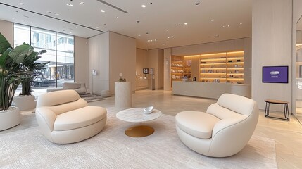 Modern interior of a stylish lounge featuring comfortable beige chairs, elegant décor, and bright natural light streaming through spacious windows.