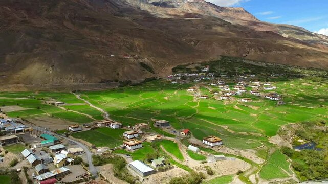 An aerial view of himalayan mountains at dhar dindi chichong village and spiti river in the Indian state of himachal pradesh.