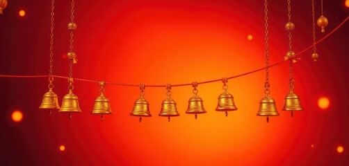 Naklejka premium Traditional Indian hanging toran with golden bells hangs on gradient backdrop. Saffron to maroon color transition creates festive atmosphere. Copy space available for design elements. Suitable for