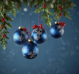 Fototapeta premium Hanging Christmas ornaments on a blue background with snowflakes and holly leaves, ornaments, christmas tree