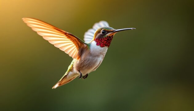Stunning hummingbird in flight against blurred green background. Delicate wings show vivid colors. Beautiful bird in nature. Fast movement. Close-up view of hummingbird hovering. Bright colors.