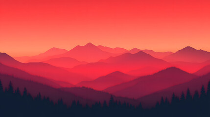 Fototapeta premium Crimson Sunset Over Silhouetted Mountain Ranges