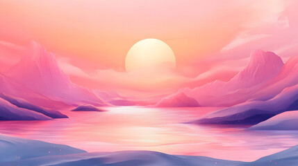 Pink Sunset Over Calm Mountain Lake Landscape