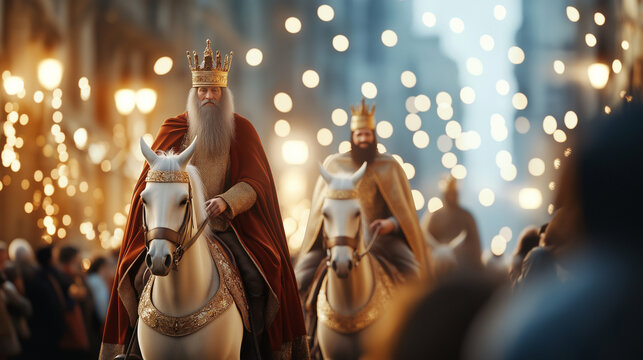 Three wise men riding white horses during the cavalcade of magi. Ideal for promotions, social media posts or ads